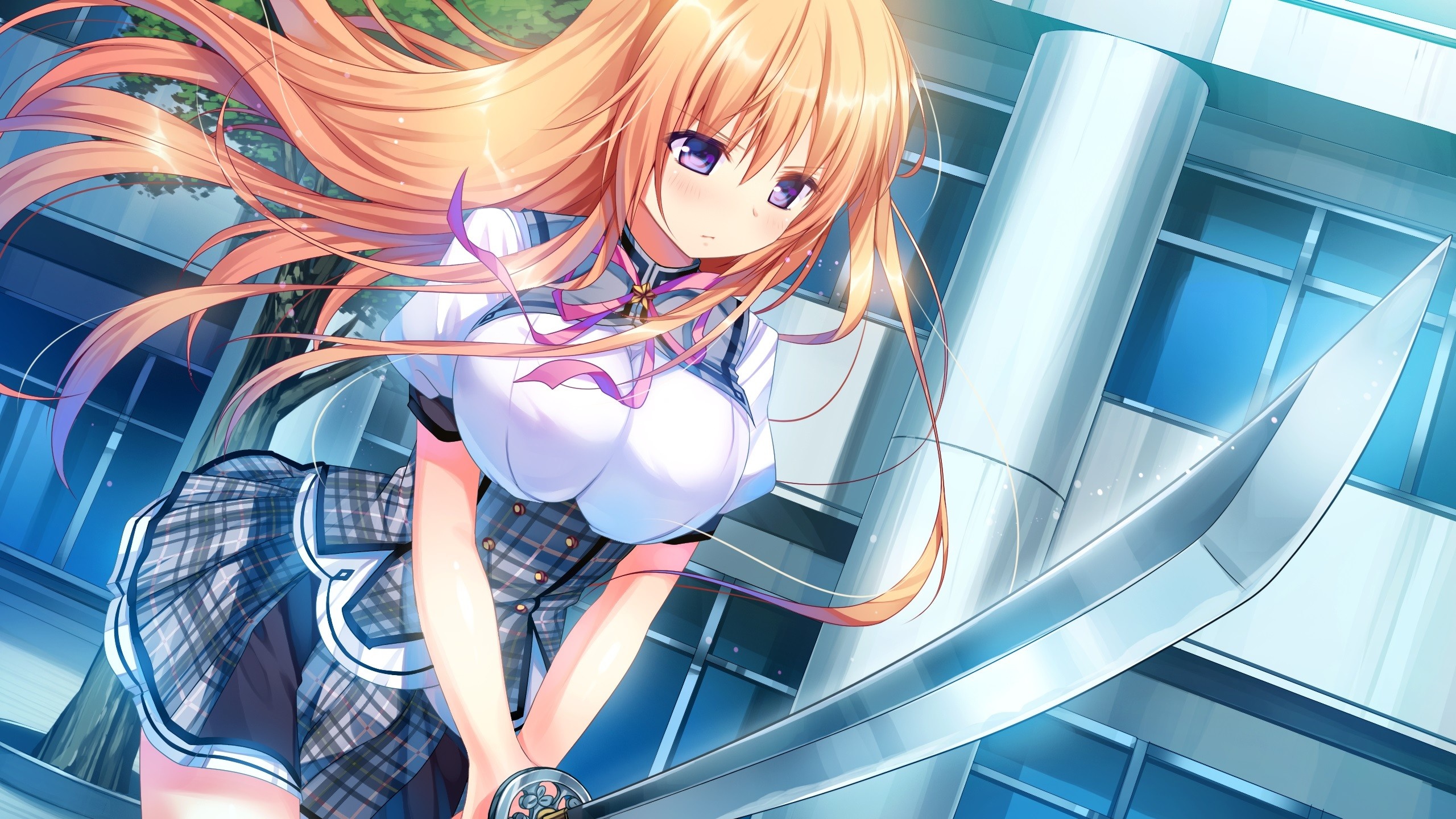 Anime girl with sword in school uniform HD Wallpaper