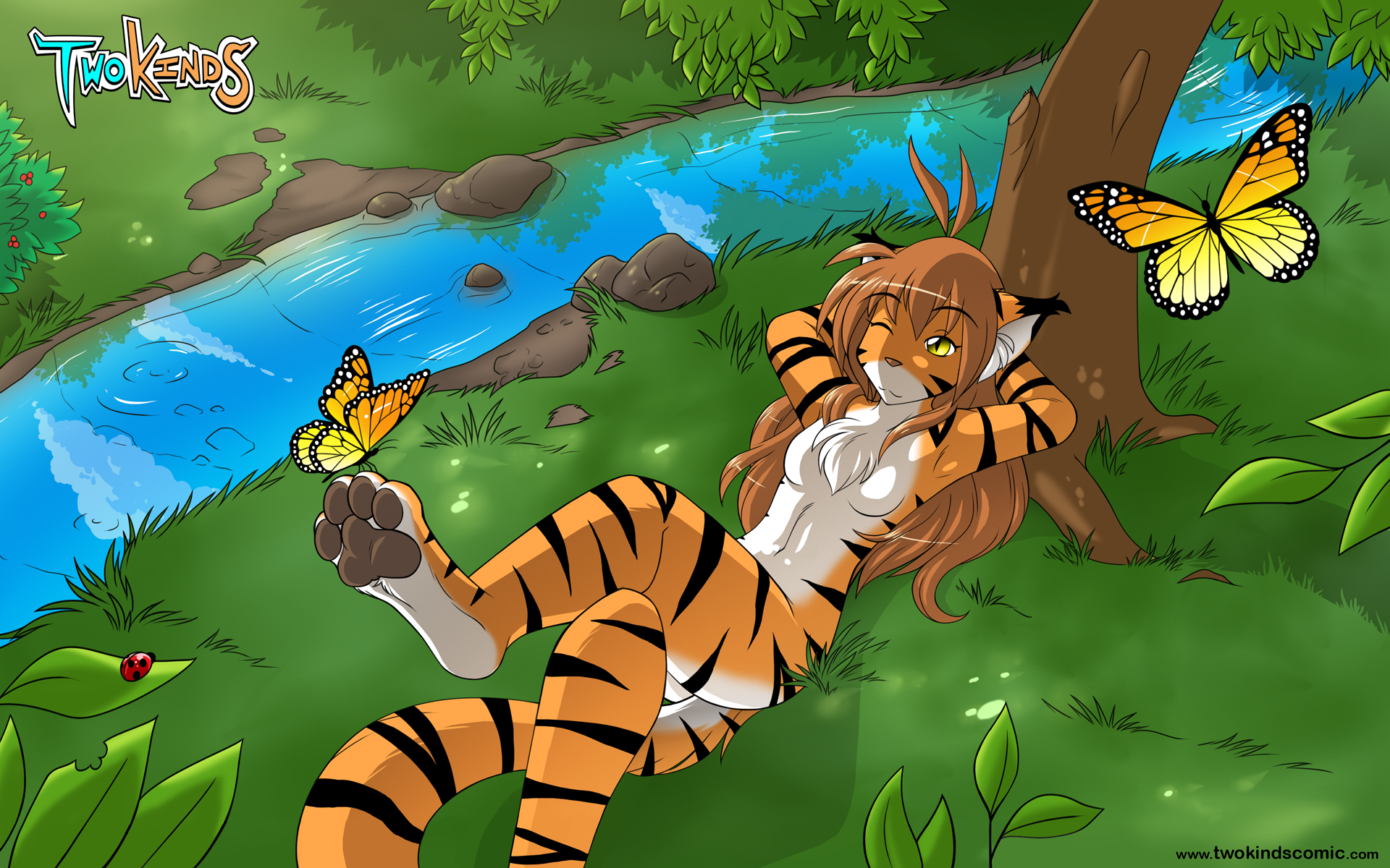 Twokinds illustration of a tiger anthro by a stream HD Wallpaper