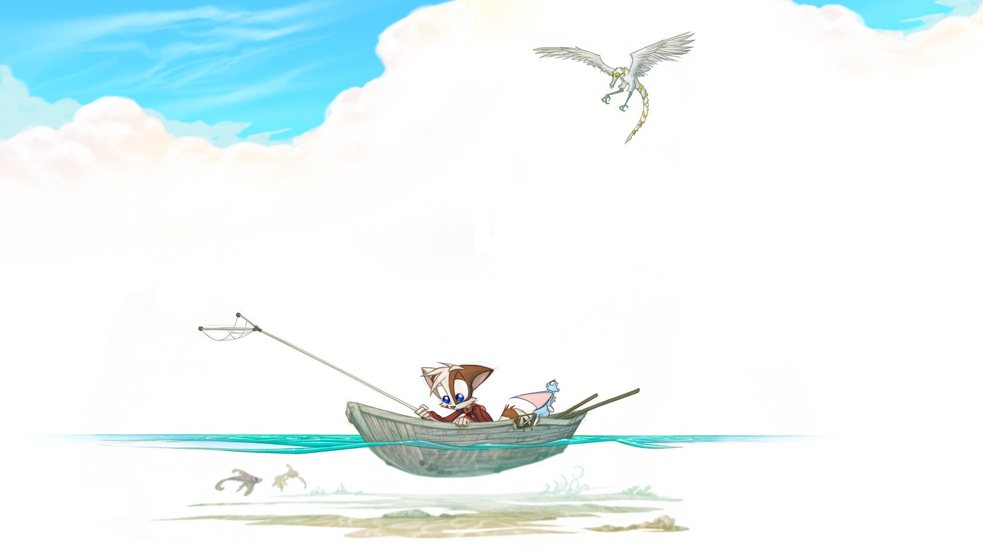 Furry character fishing from a boat with a bird flying above HD Wallpaper