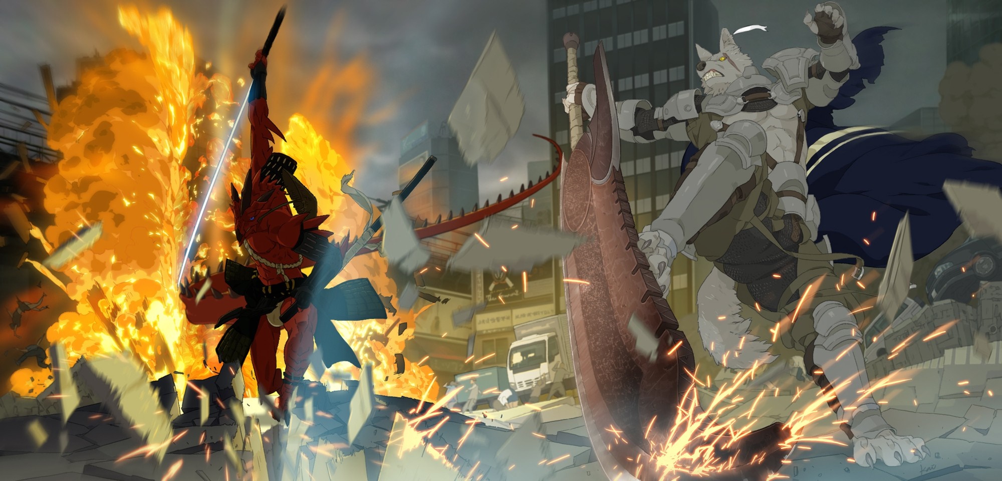 Furry characters fighting in a city with explosions HD Wallpaper