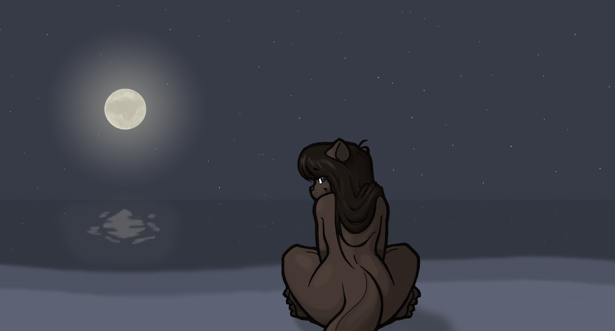 Furry character sitting by the water under the moonlight HD Wallpaper
