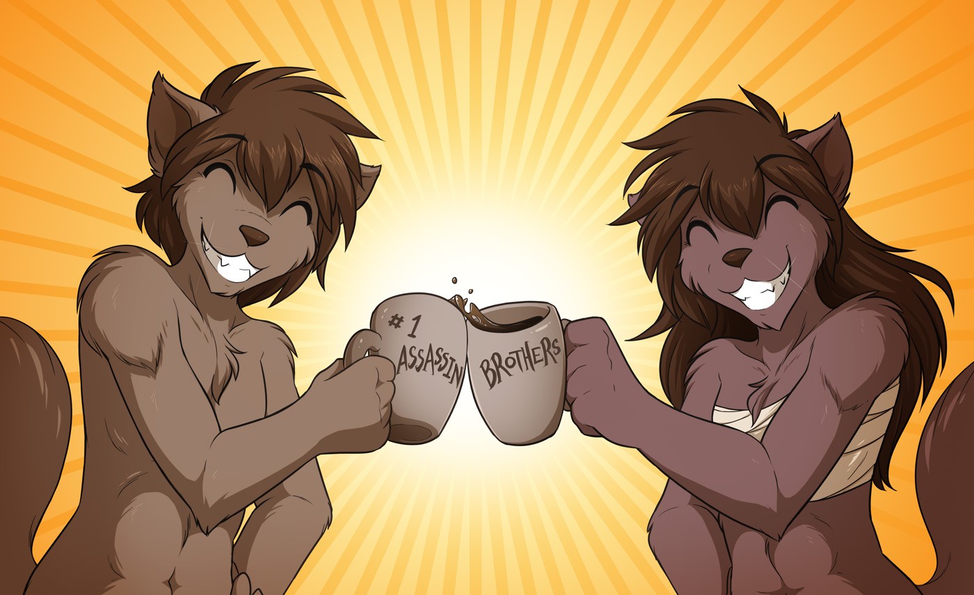 Two anthropomorphic cats toasting with mugs HD Wallpaper