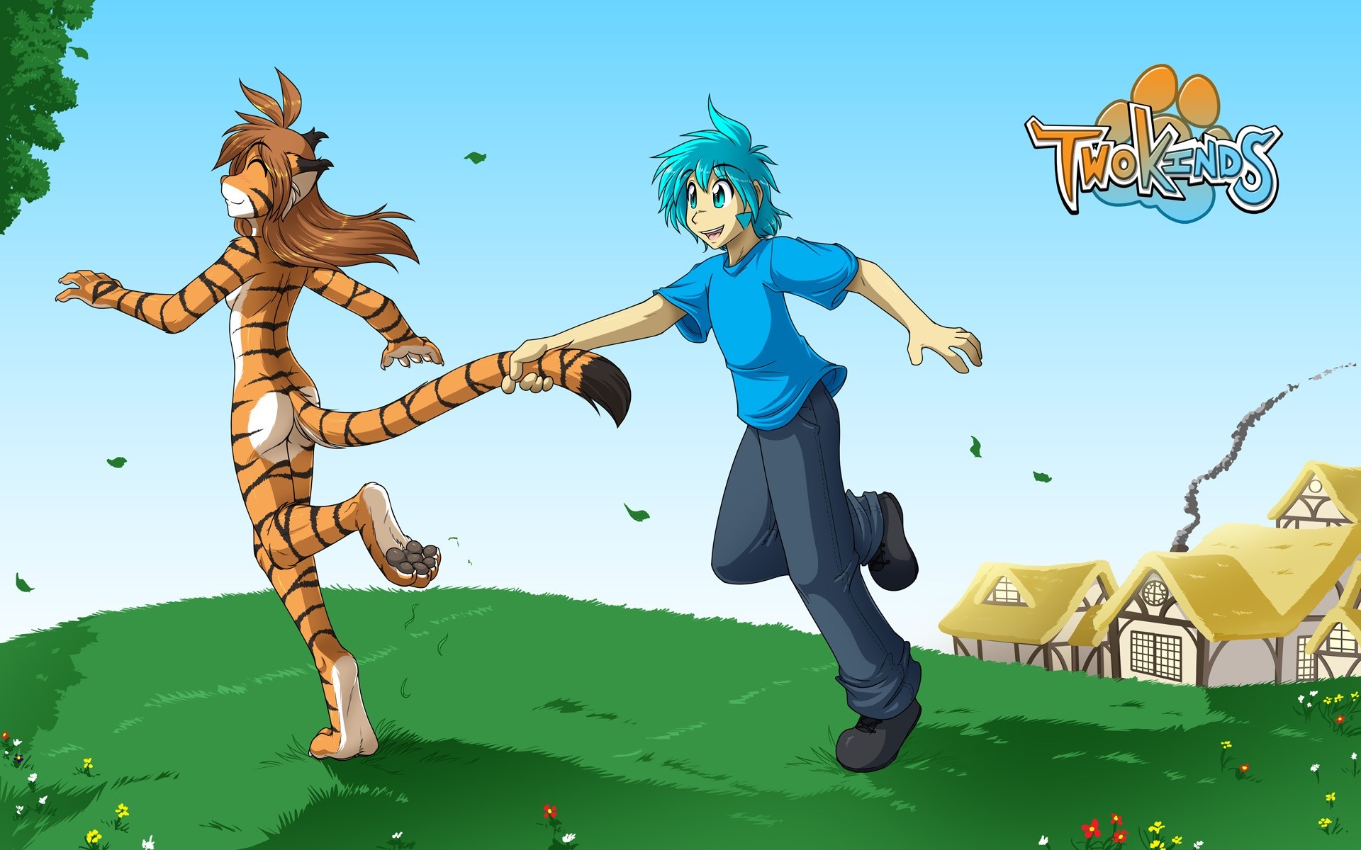 Twokinds characters running in a grassy field HD Wallpaper