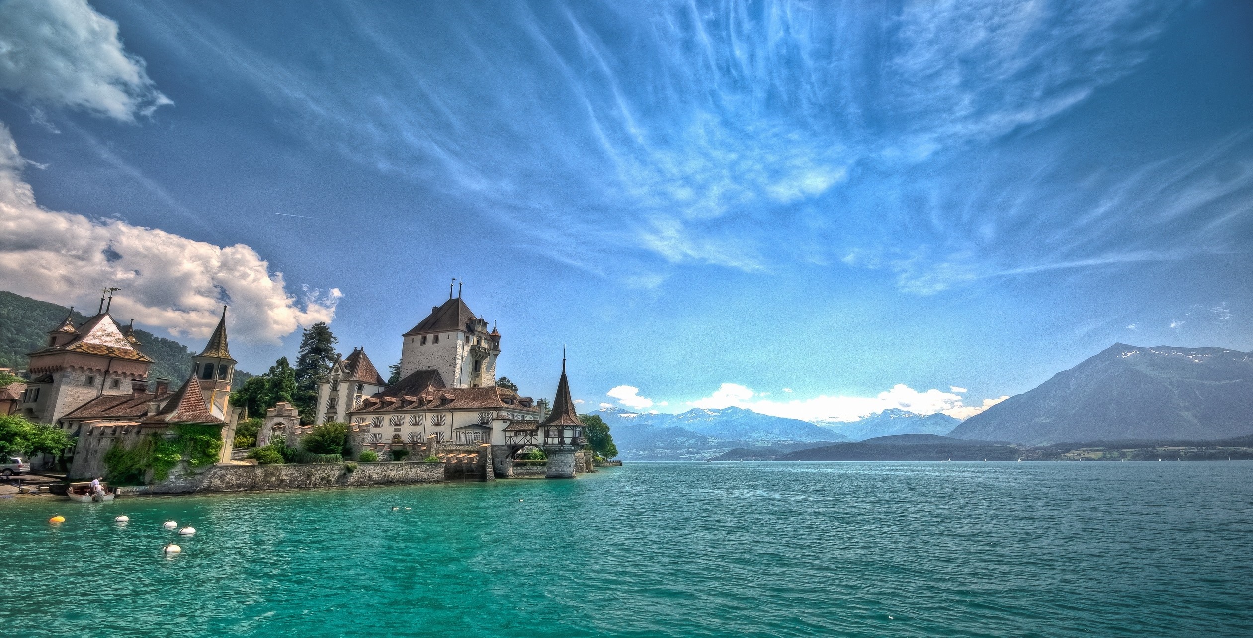Castle on Lake Thun, Switzerland with Mountains HD Wallpaper