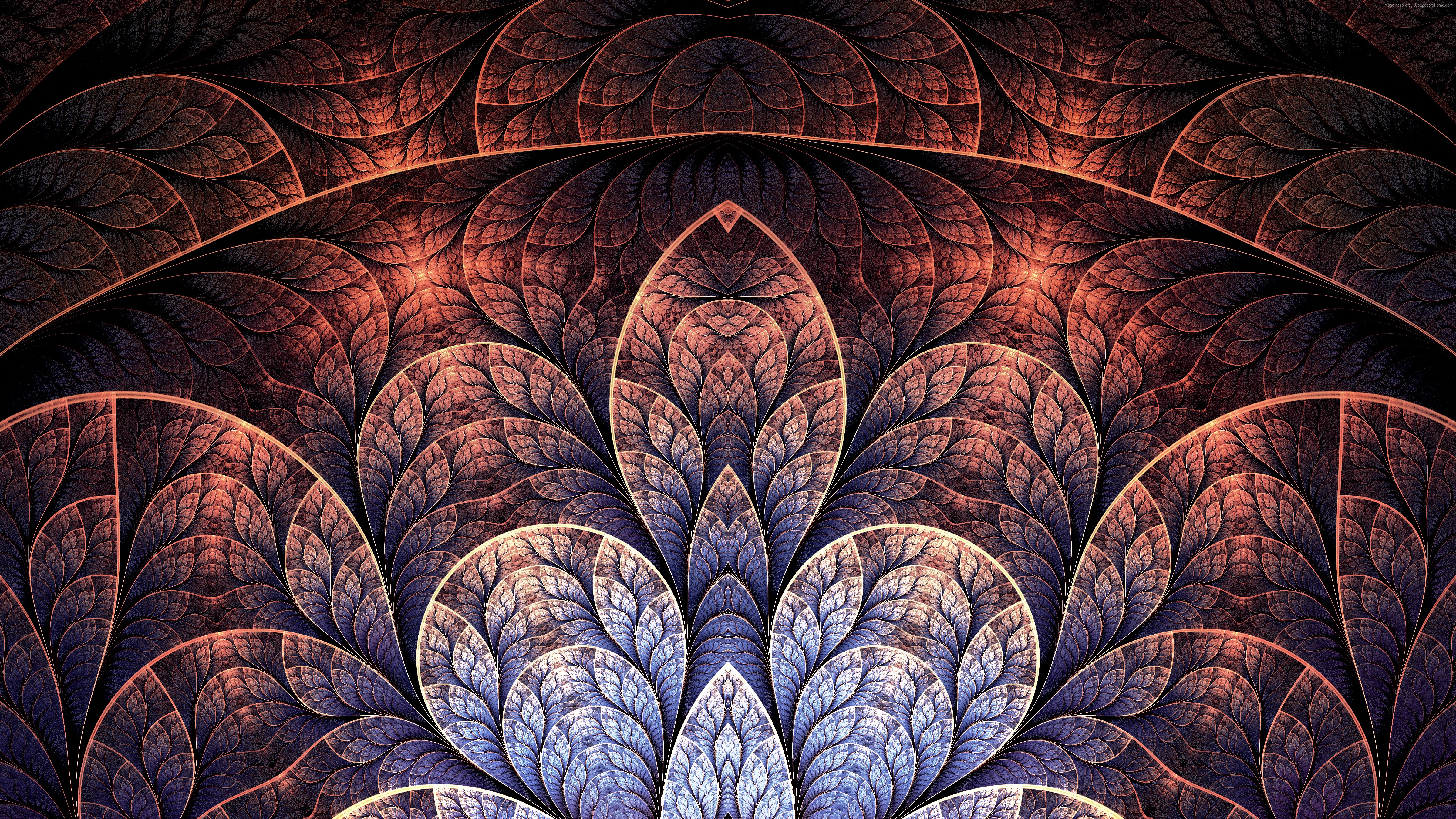 Fractal pattern with leaf-like shapes in brown and blue HD Wallpaper