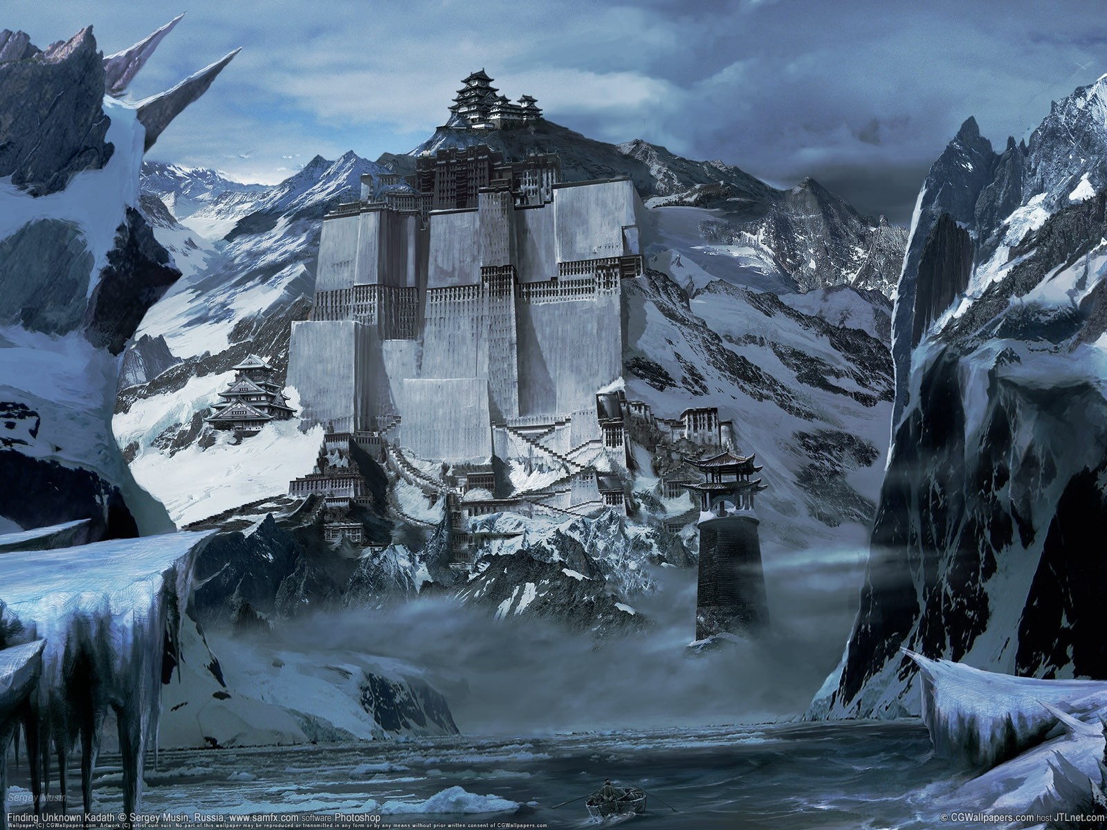 Fantasy fortress on a snowy mountain range HD Wallpaper