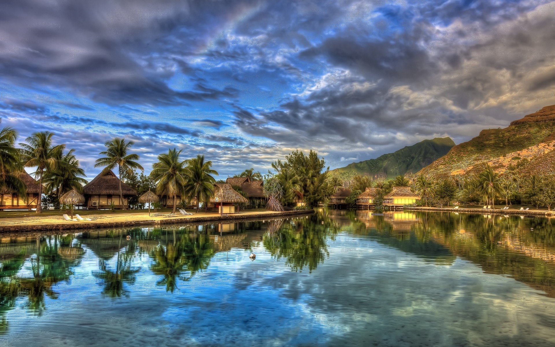 Tropical resort with overwater bungalows and mountains HD Wallpaper