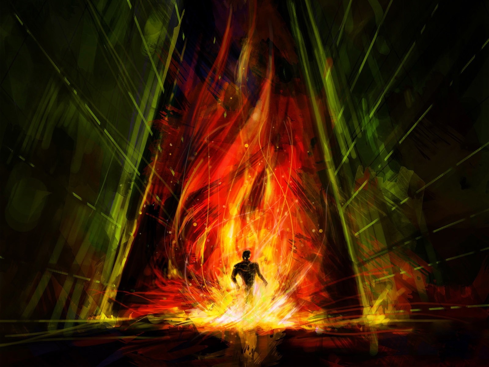 Silhouette of a person in front of a large fire HD Wallpaper