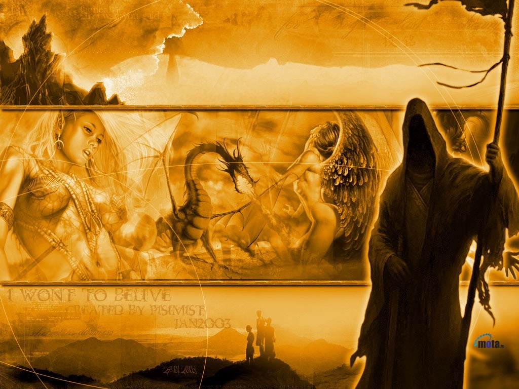 Fantasy art with elf, dragon, angel, and grim reaper HD Wallpaper