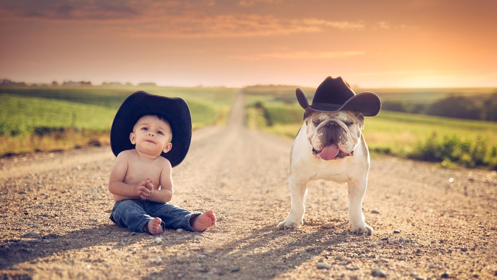 Baby and bulldog wearing cowboy hats on a dirt road HD Wallpaper