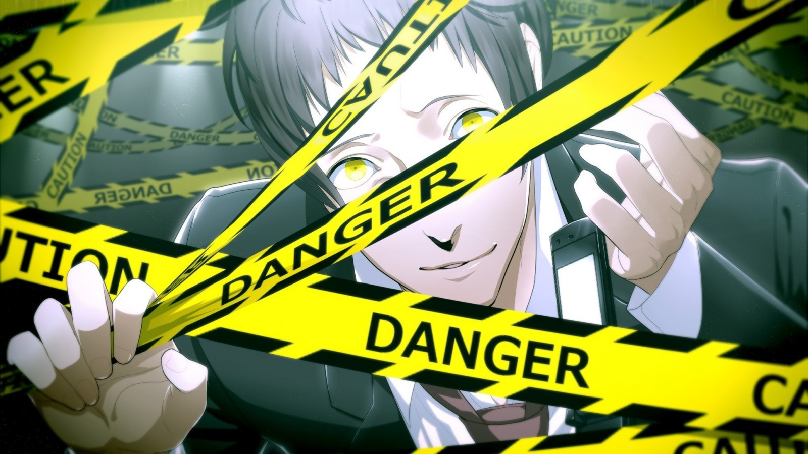 Anime man with yellow eyes behind danger tape HD Wallpaper