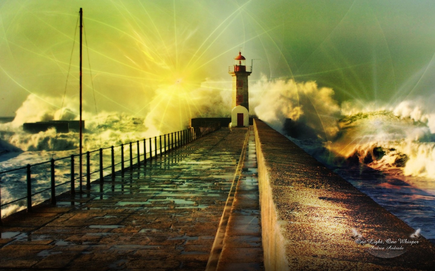 Lighthouse on a pier with crashing waves and digital art effects HD Wallpaper