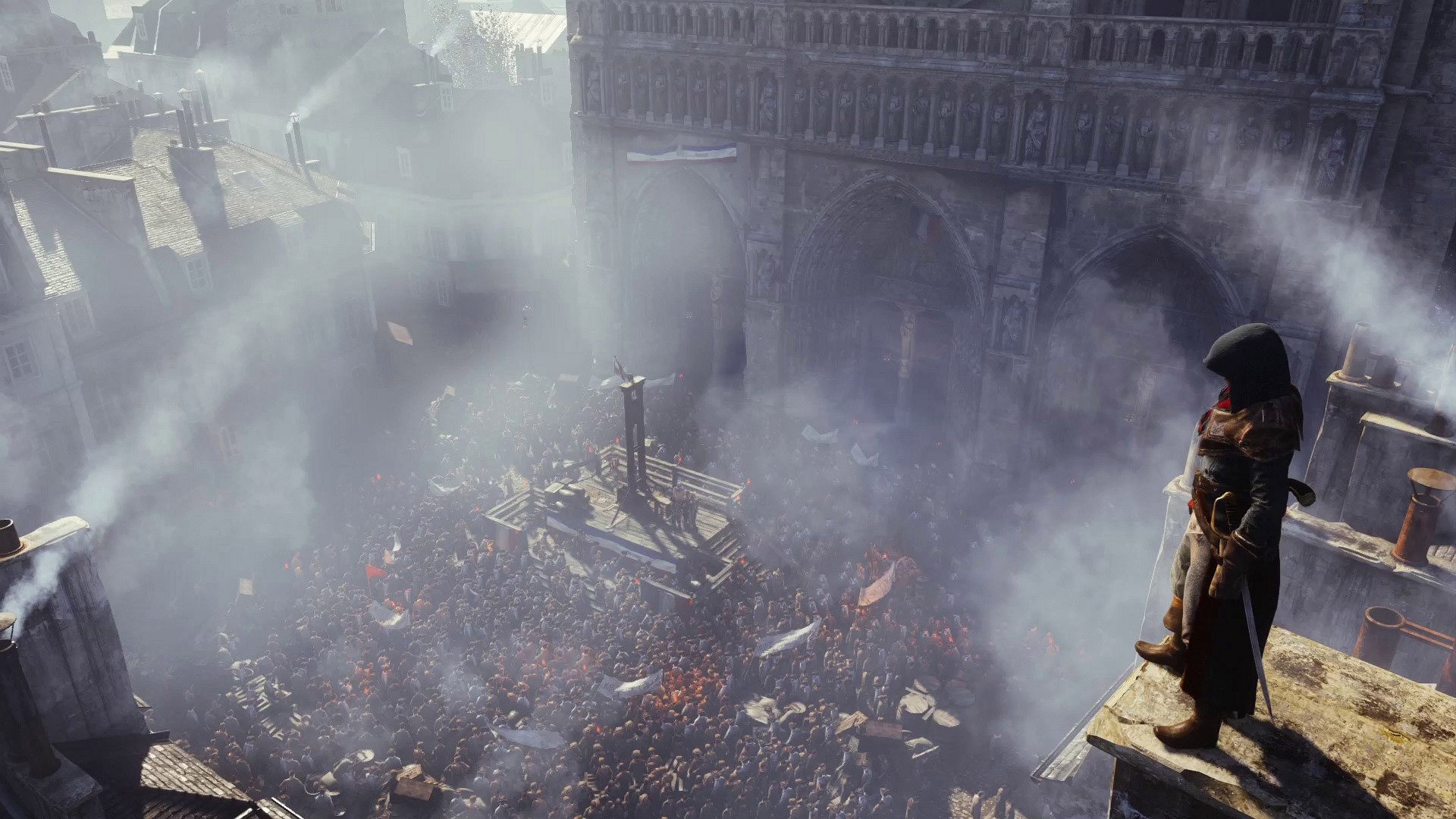 Assassin from Assassin's Creed overlooking a crowd and guillotine HD Wallpaper