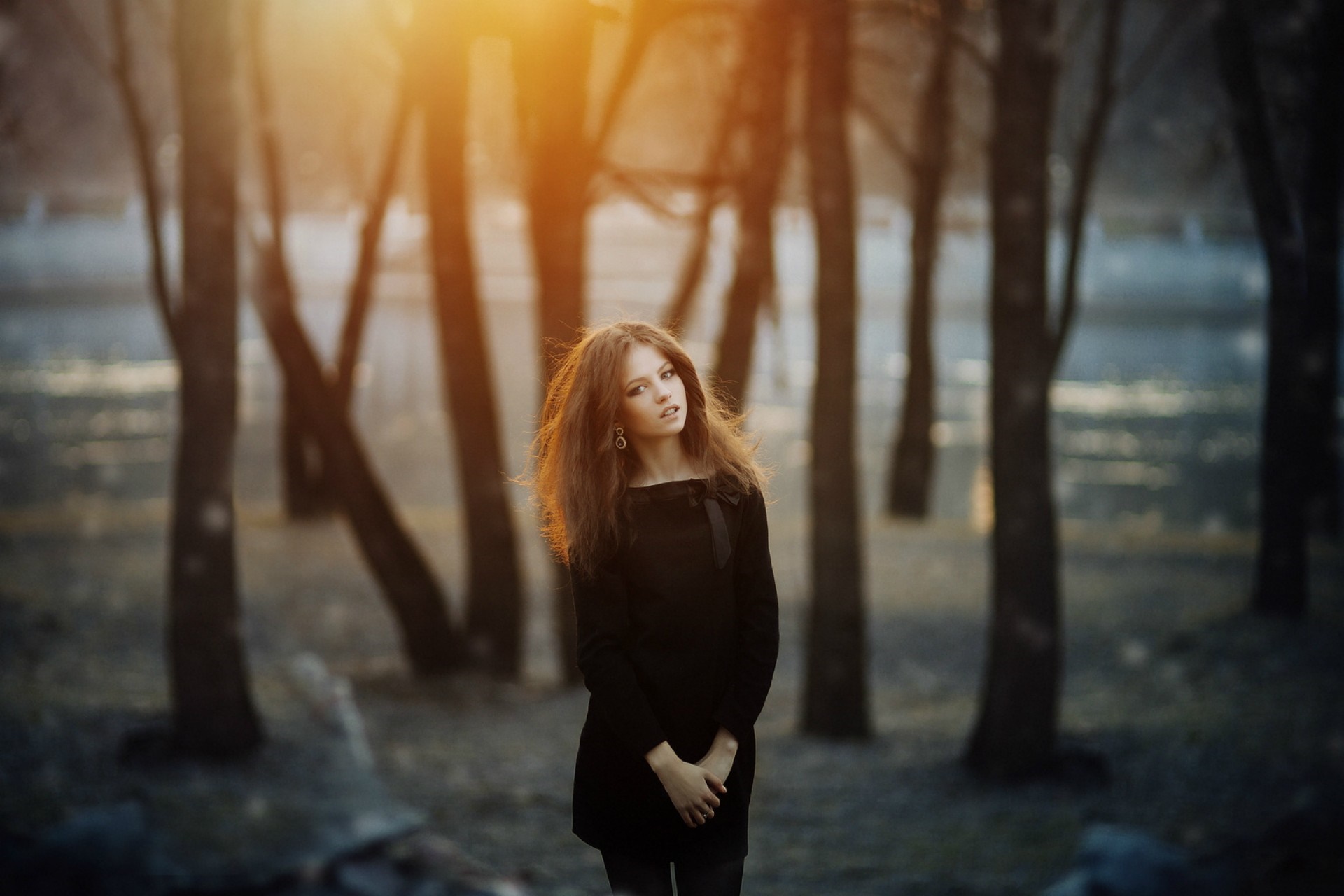 Woman in black dress in forest at sunset HD Wallpaper