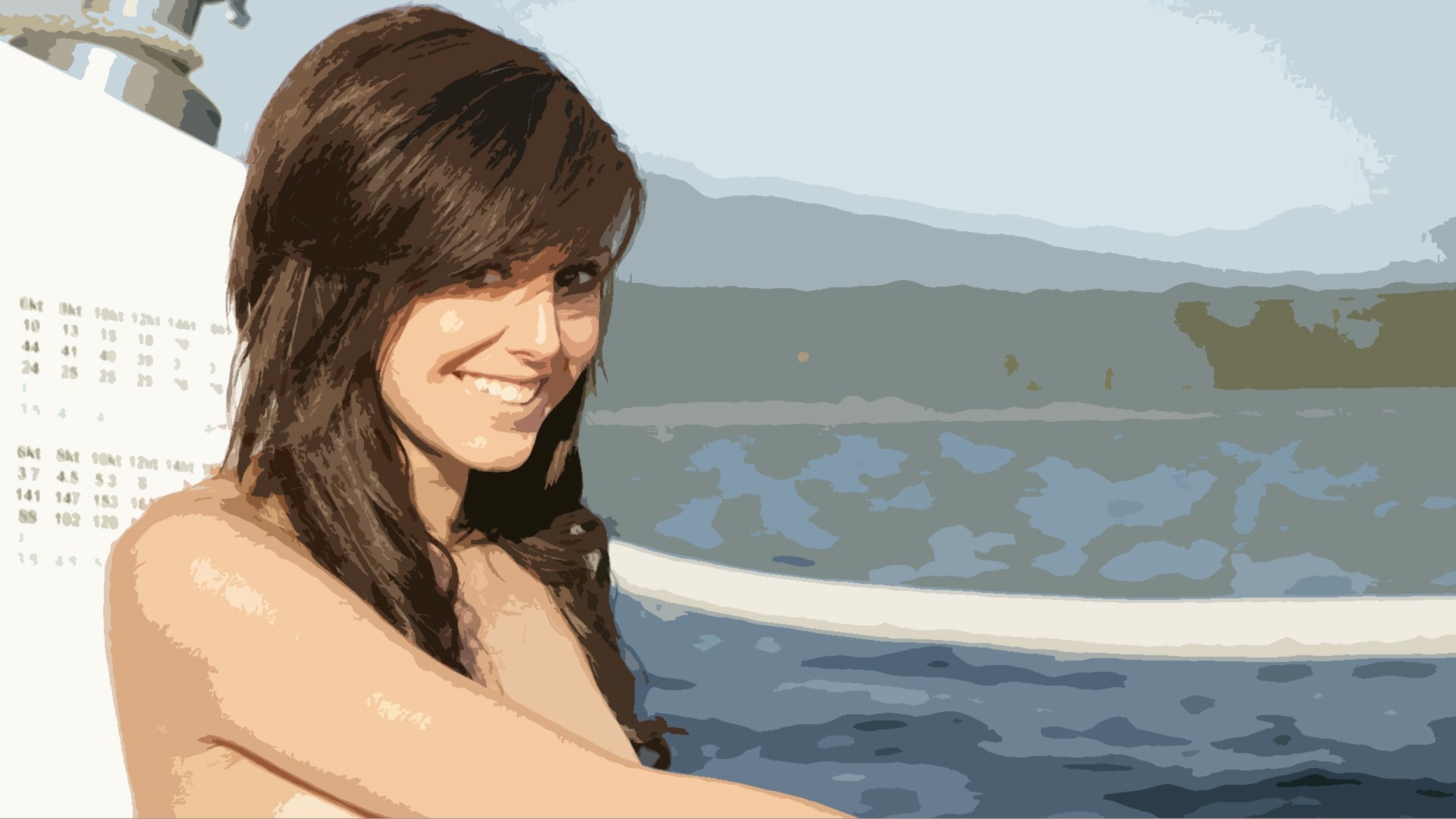 Woman with brown hair smiling by the water HD Wallpaper