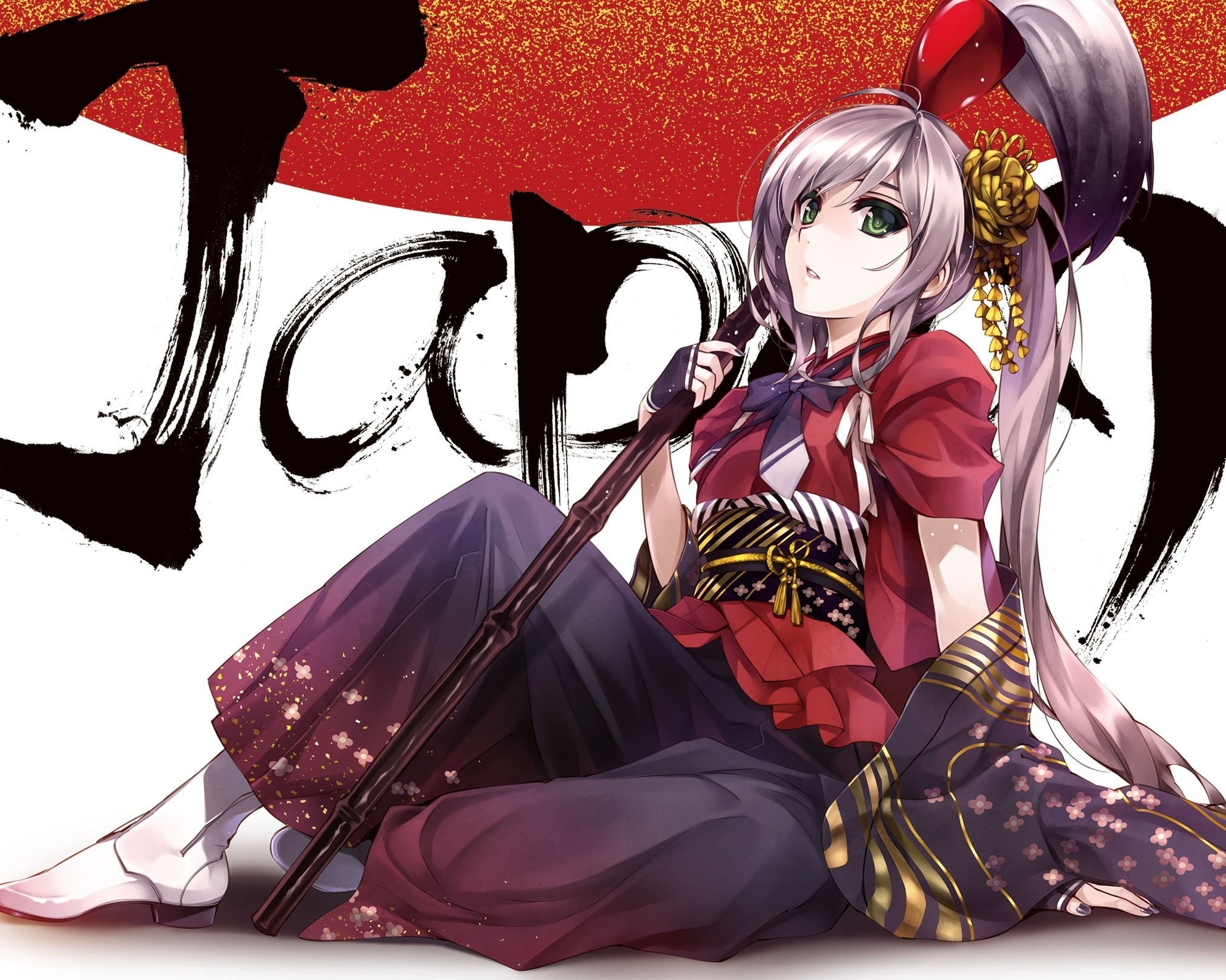Anime girl in traditional Japanese attire holding a staff HD Wallpaper