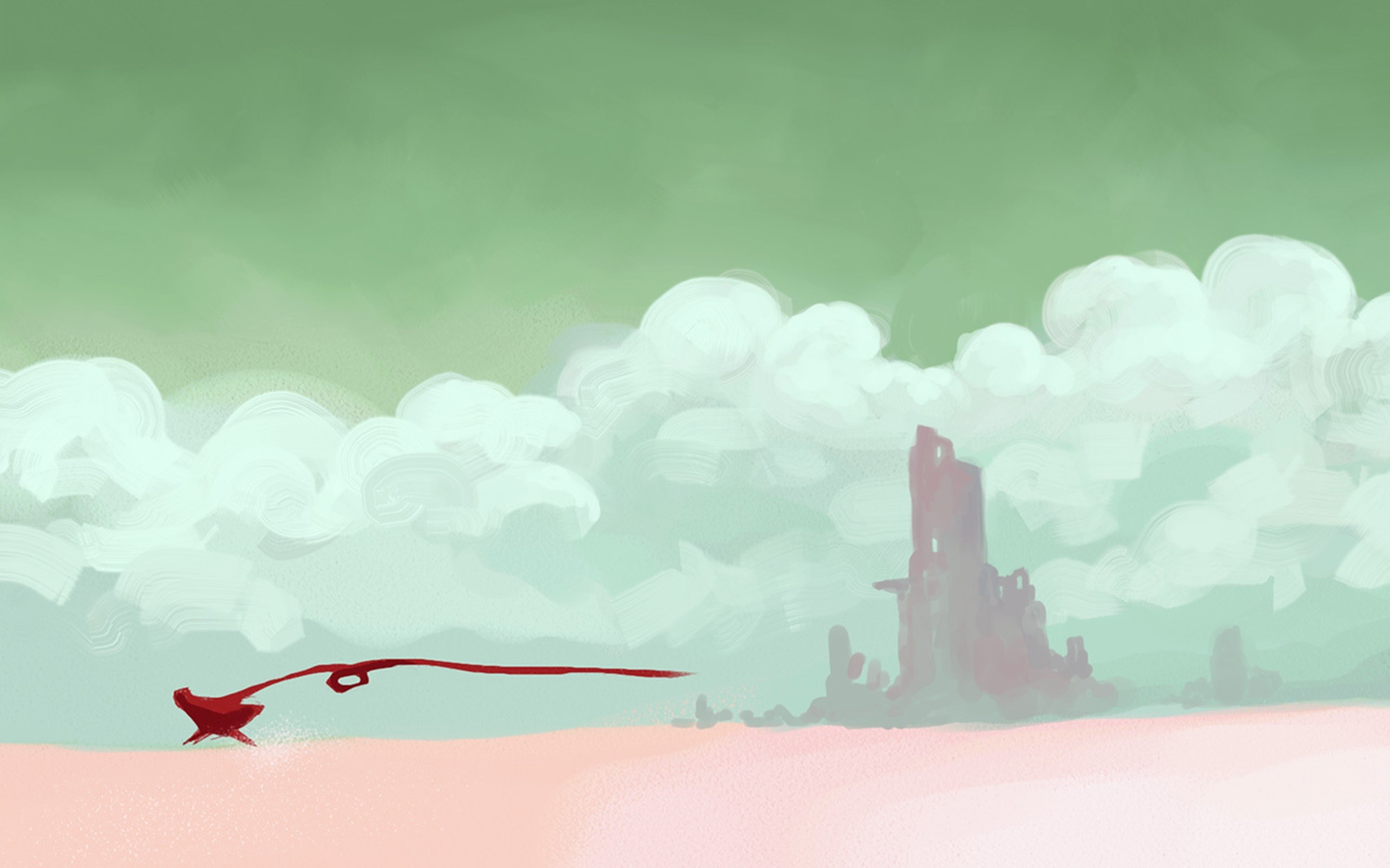 Red figure with scarf in a desert landscape with ruins HD Wallpaper