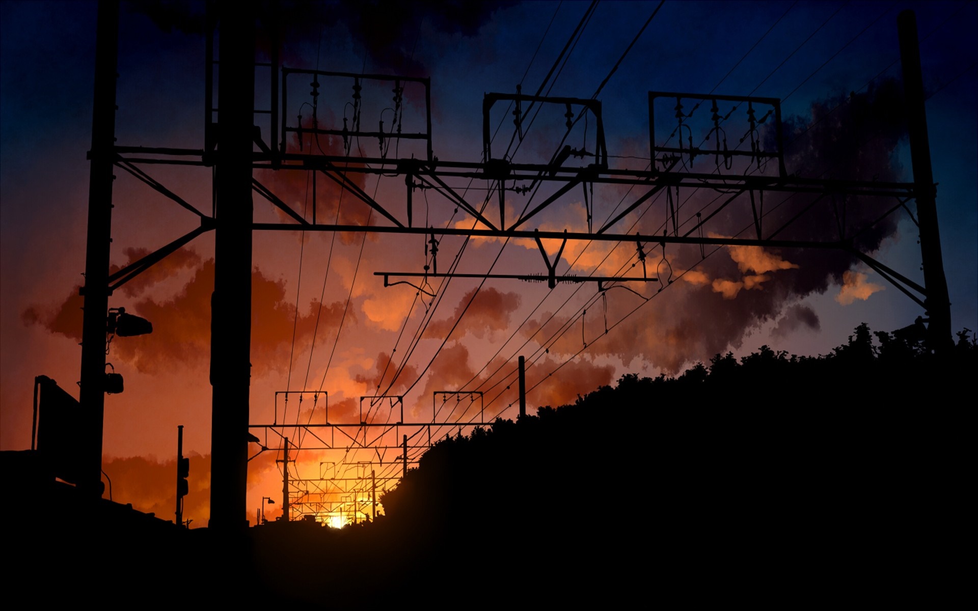 Sunset over train tracks with power lines HD Wallpaper