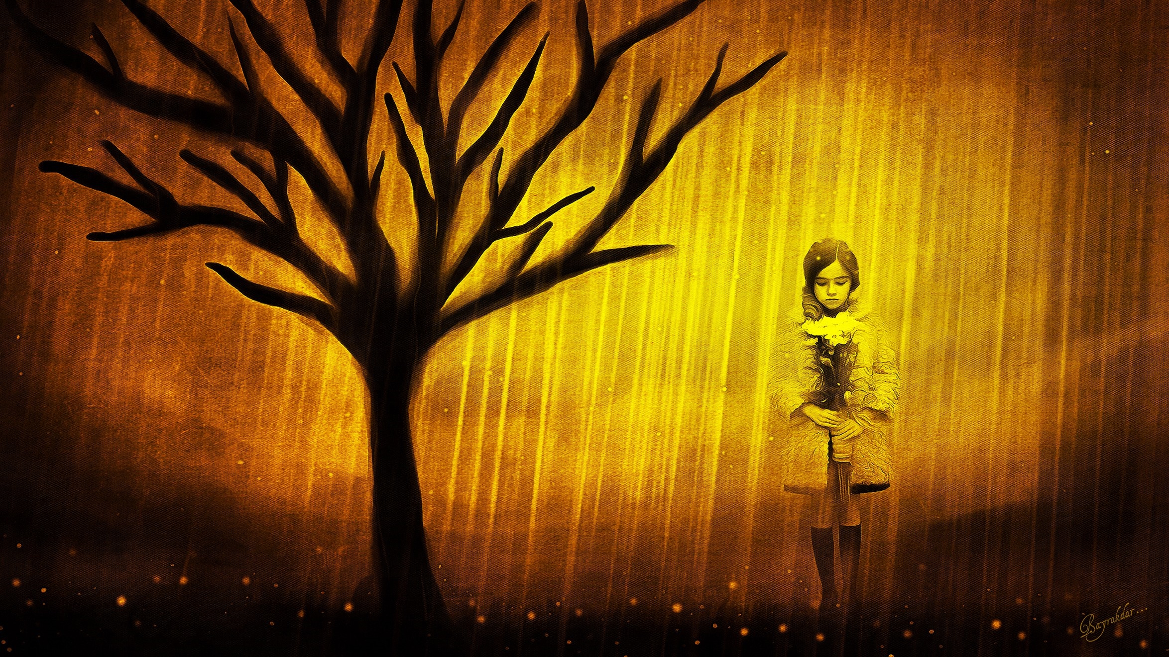 Girl holding flowers under a tree in the rain HD Wallpaper