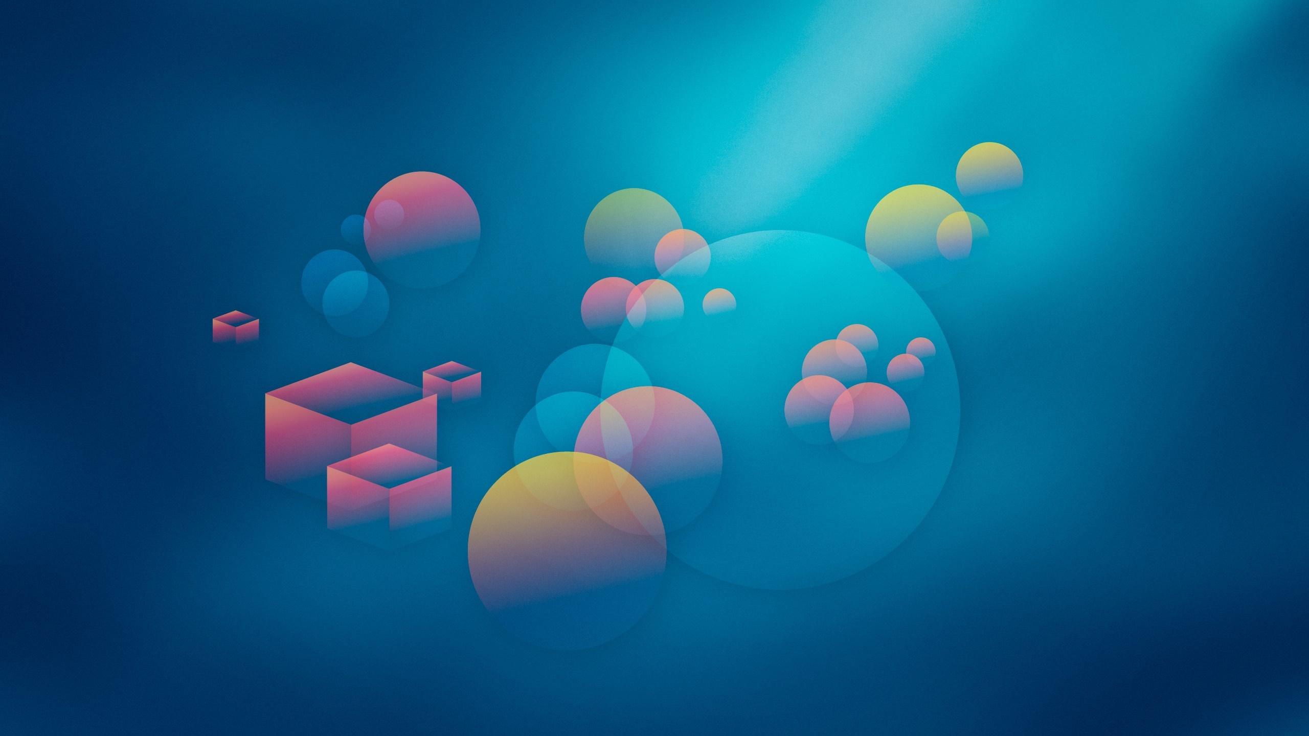 Abstract geometric shapes and spheres with gradient colors on a blue background HD Wallpaper