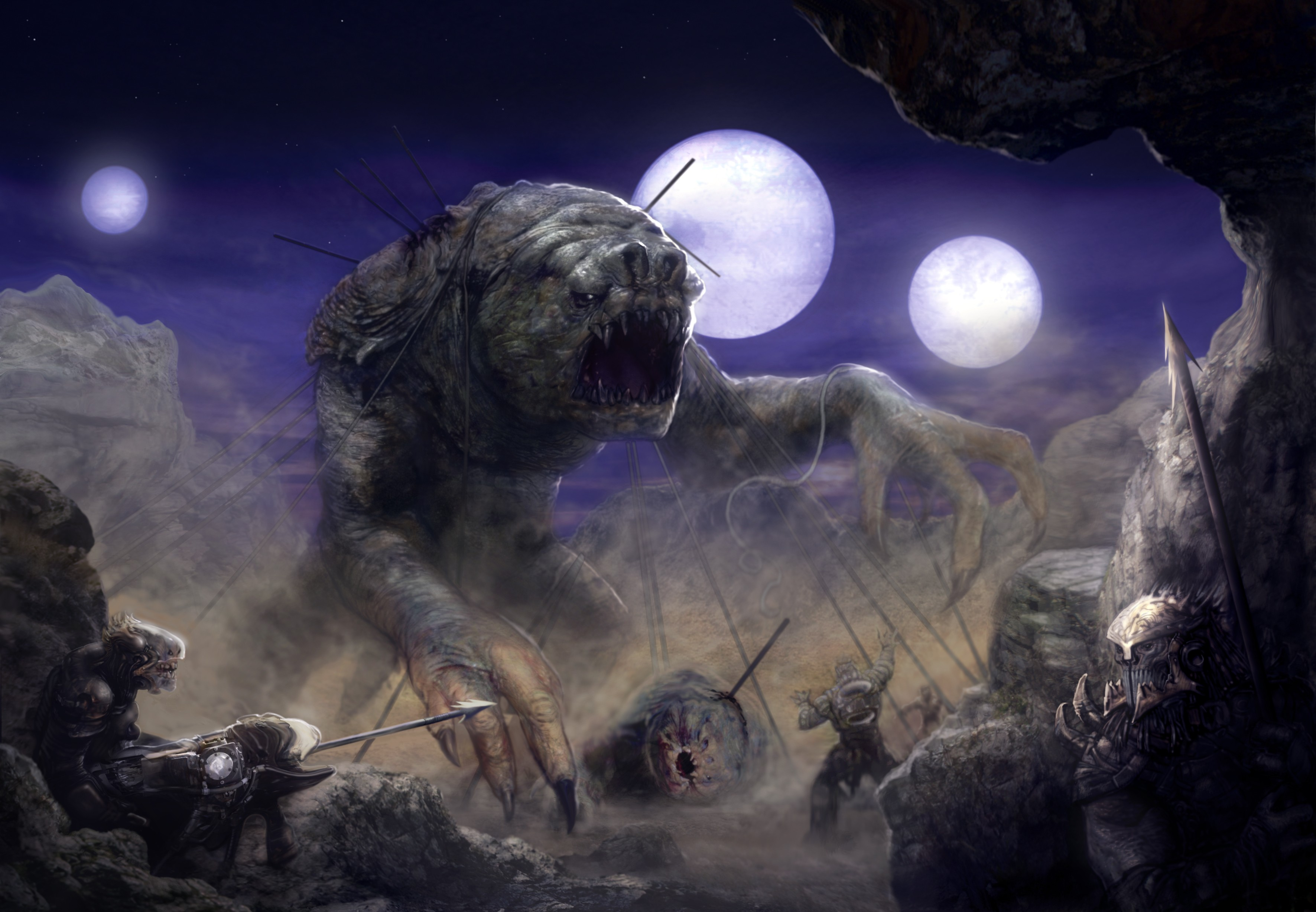 Alien creatures battling a giant monster under multiple moons HD Wallpaper