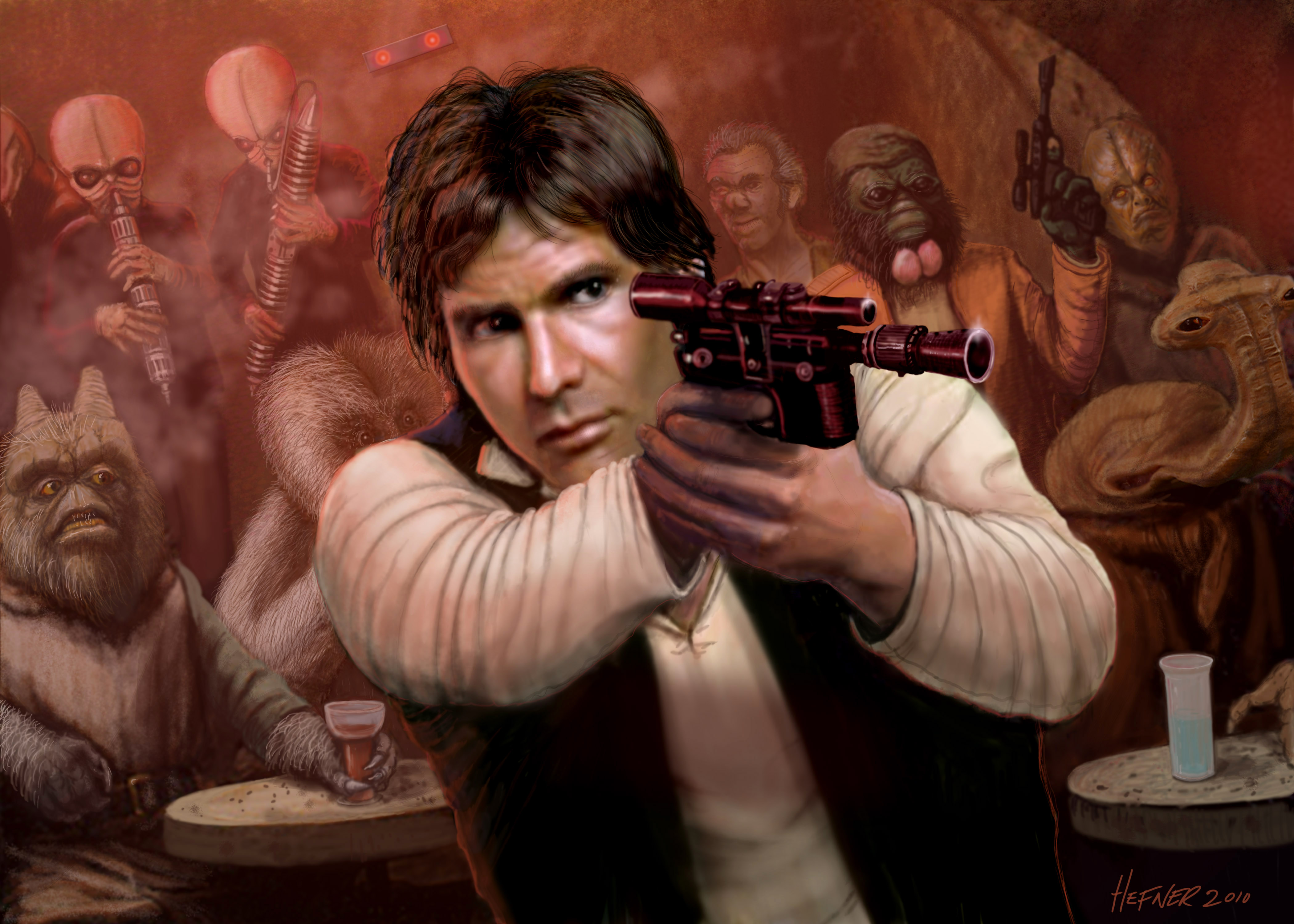 Han Solo from Star Wars holding a blaster in a cantina HD Wallpaper