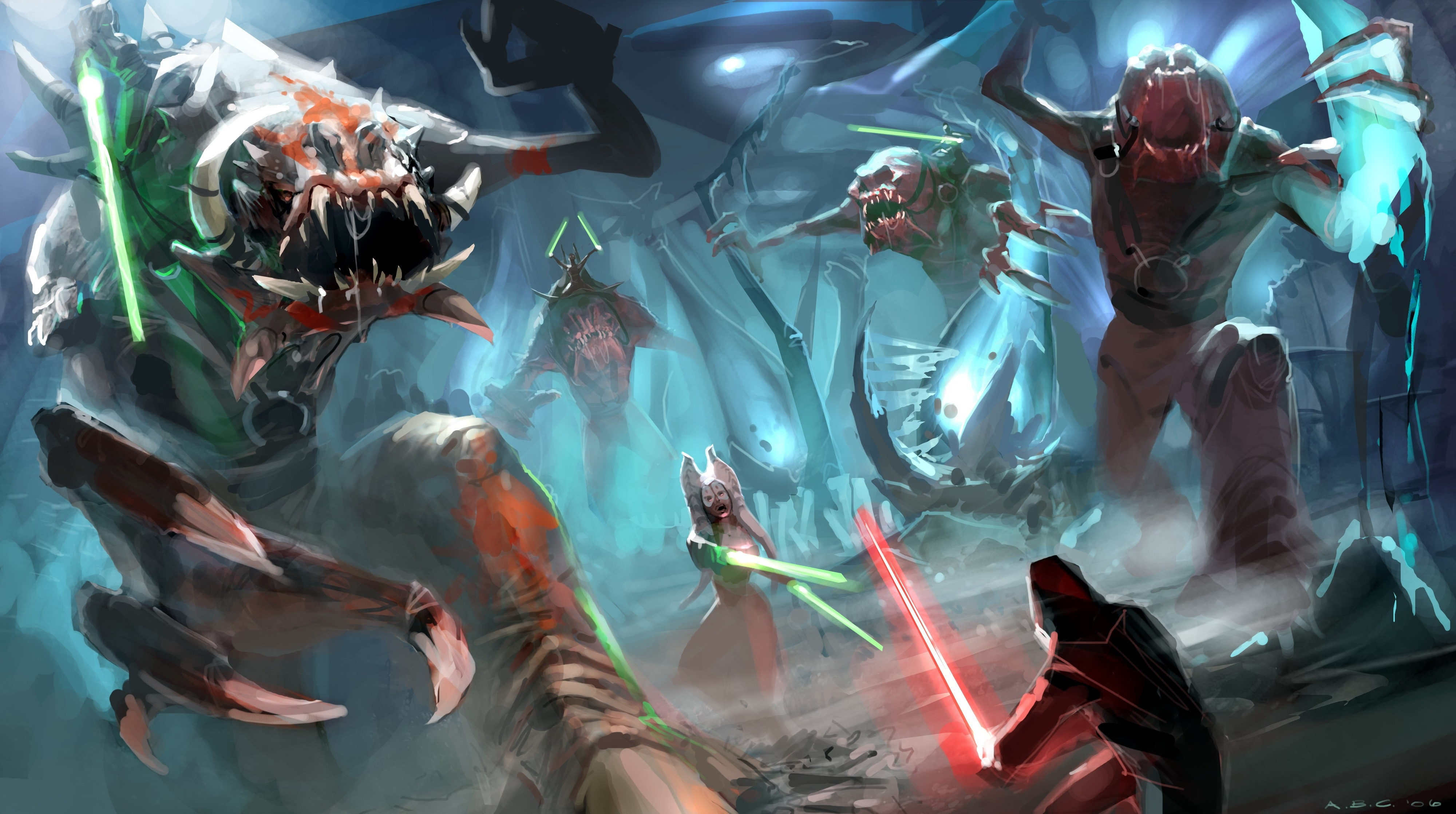 Star Wars characters fighting monsters with lightsabers HD Wallpaper