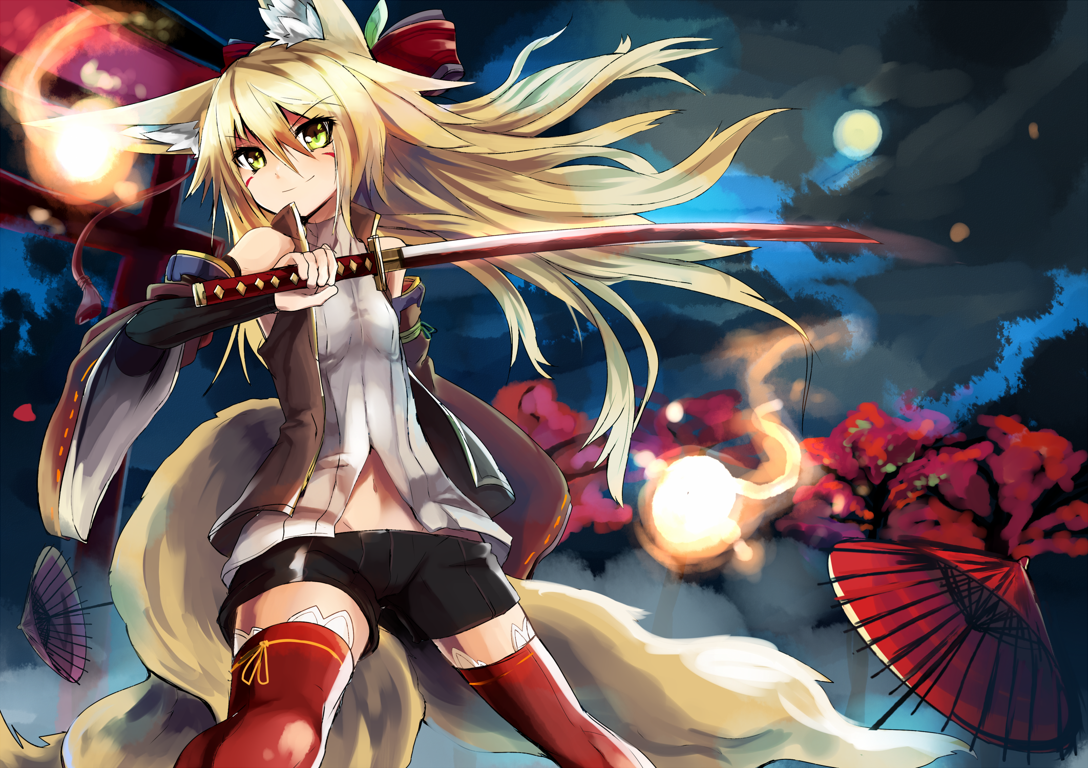 Anime fox girl with sword at night HD Wallpaper