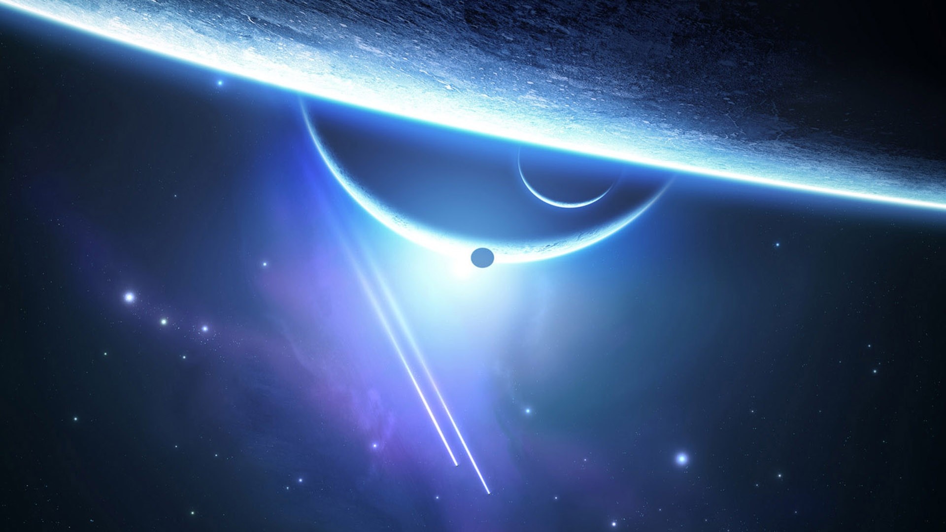 Planets and stars in a blue galaxy HD Wallpaper