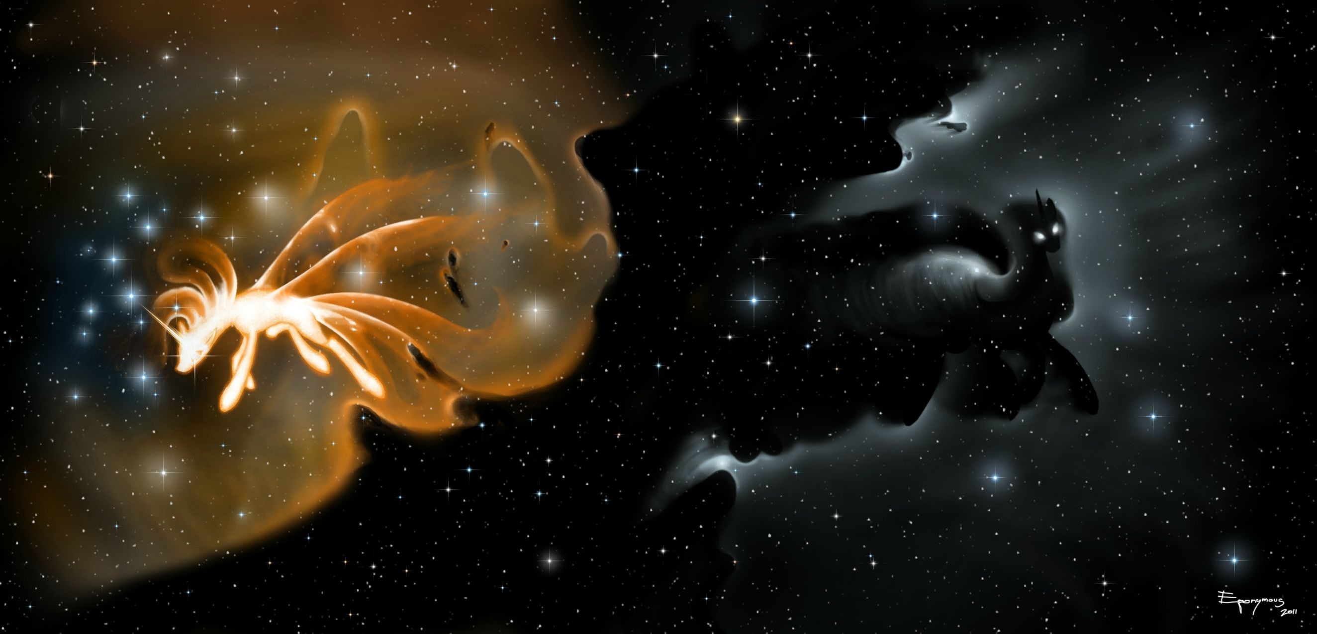 Cosmic unicorn and shadow creature in space nebula HD Wallpaper