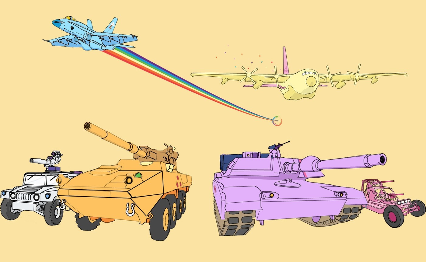 Cartoon military vehicles and aircraft with rainbow effect HD Wallpaper