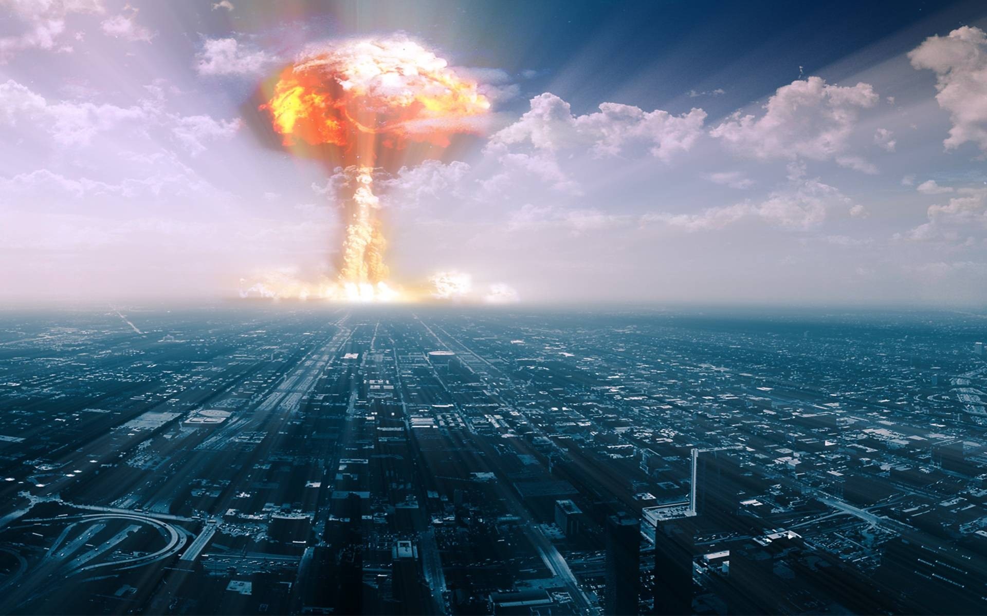 Nuclear explosion over a cityscape HD Wallpaper