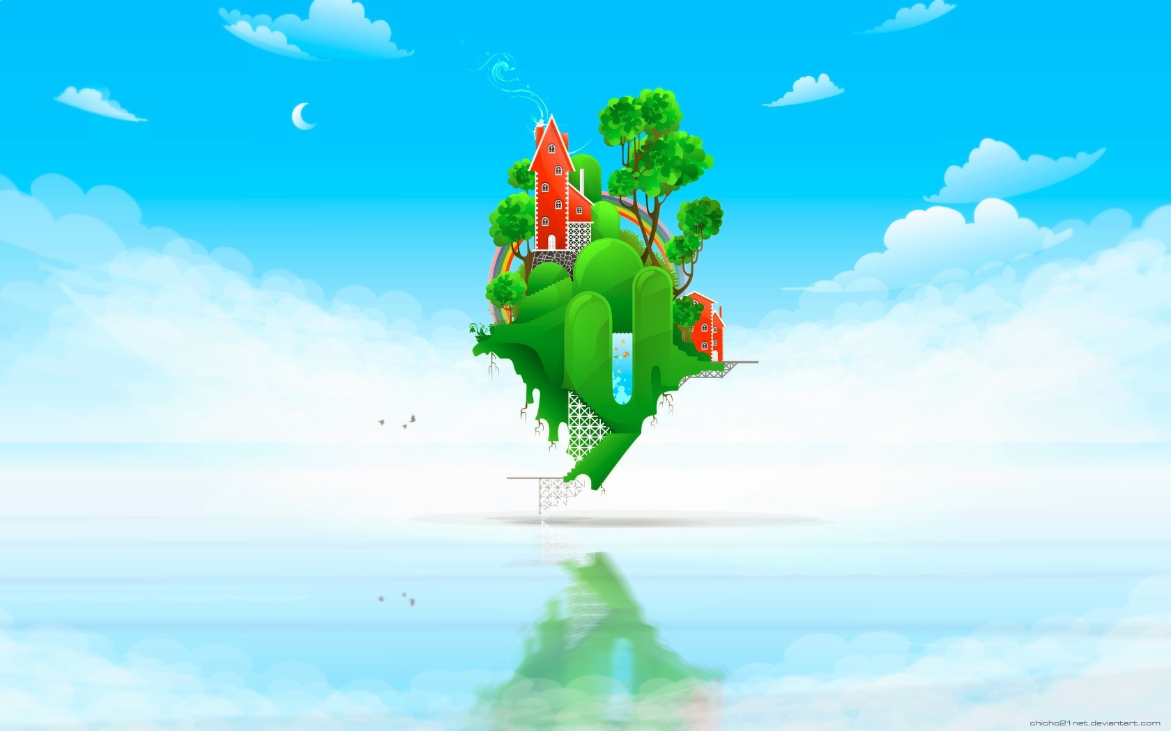 Floating island with houses and trees in the sky HD Wallpaper