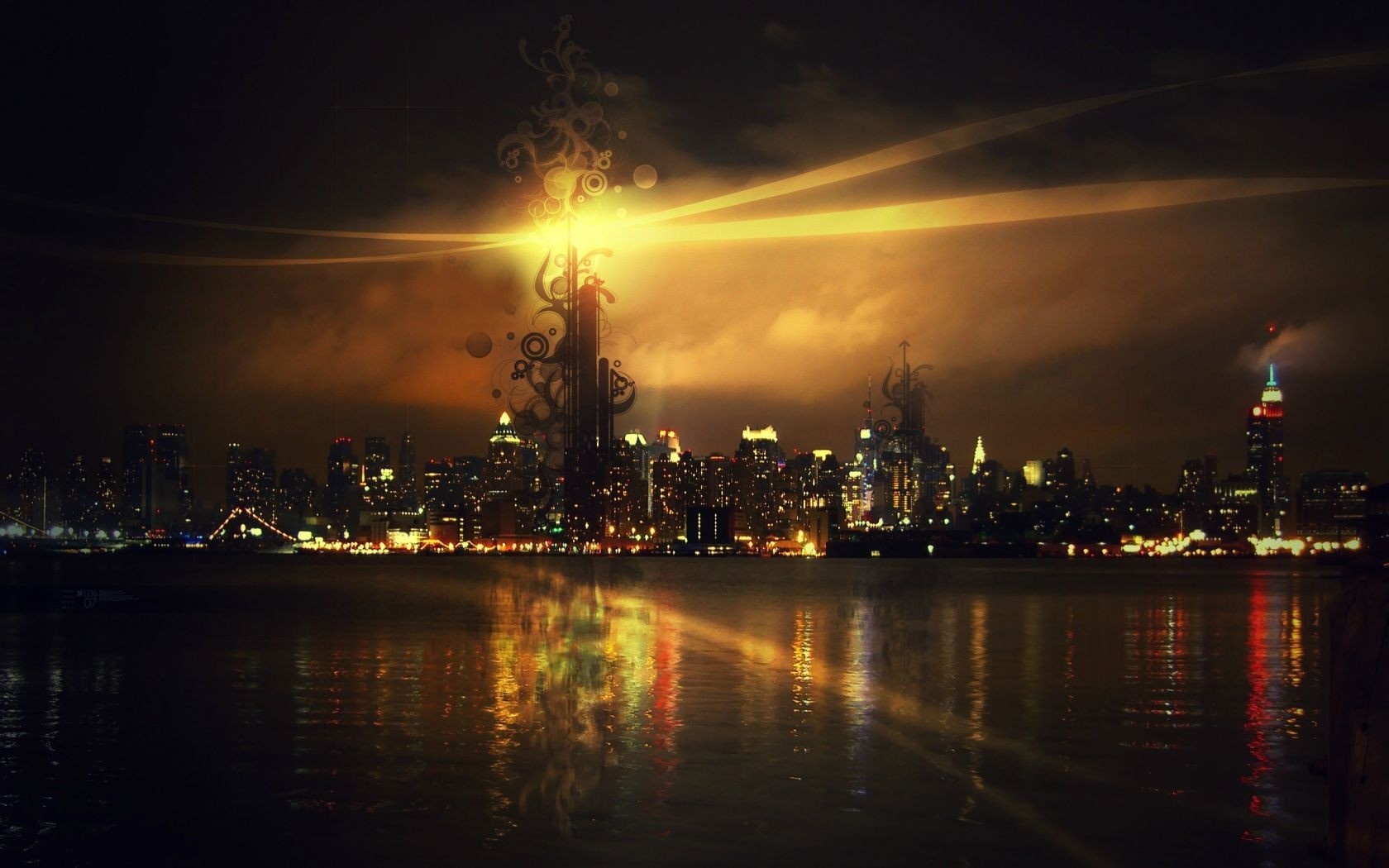 Cityscape at night with reflections and abstract lights HD Wallpaper
