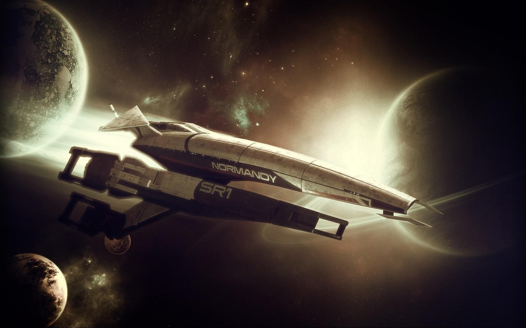 Normandy SR1 spaceship in outer space near planets HD Wallpaper