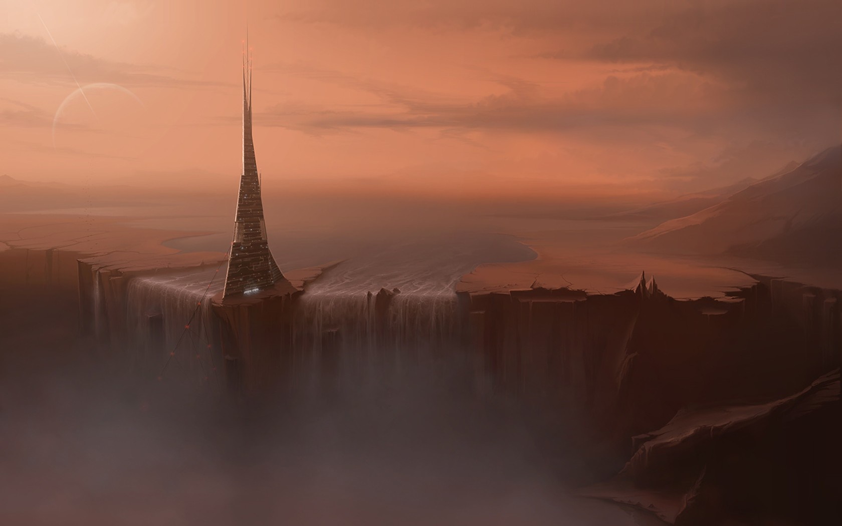 Futuristic tower on a cliff overlooking a misty landscape HD Wallpaper