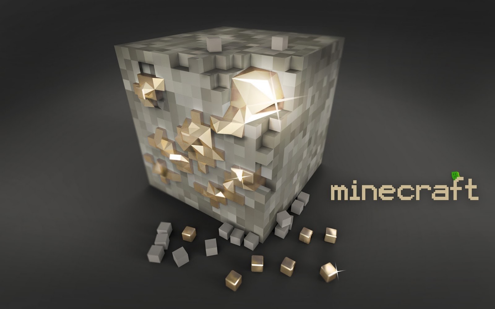 Minecraft block with gold crystals and logo HD Wallpaper
