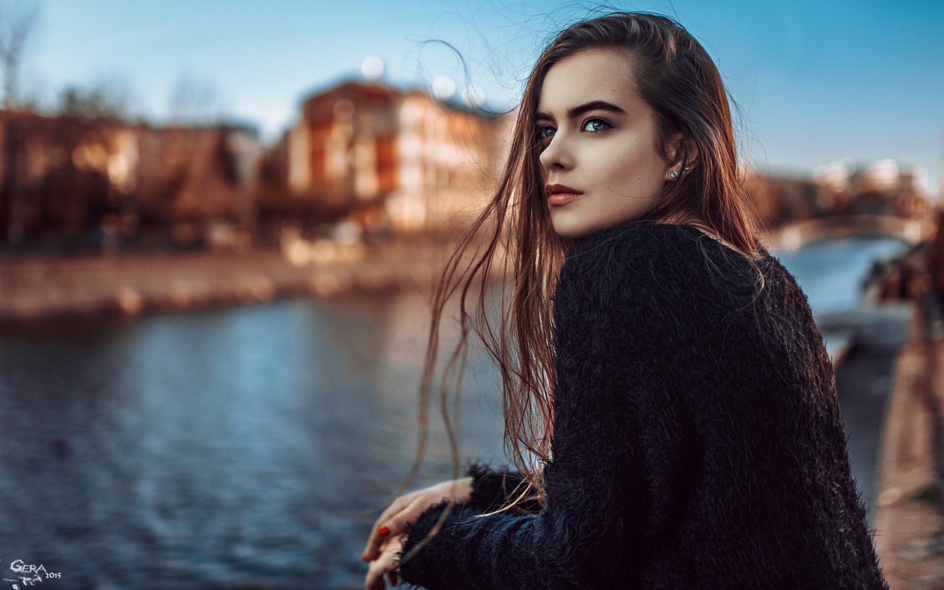 Woman with long auburn hair by a river HD Wallpaper
