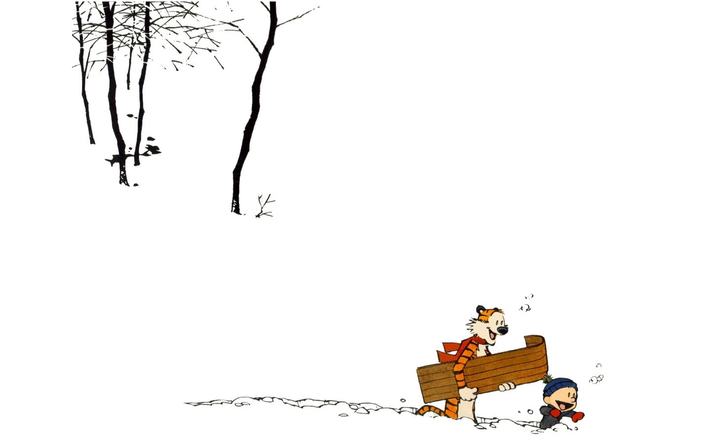 Calvin and Hobbes carrying a wooden sled in the snow HD Wallpaper