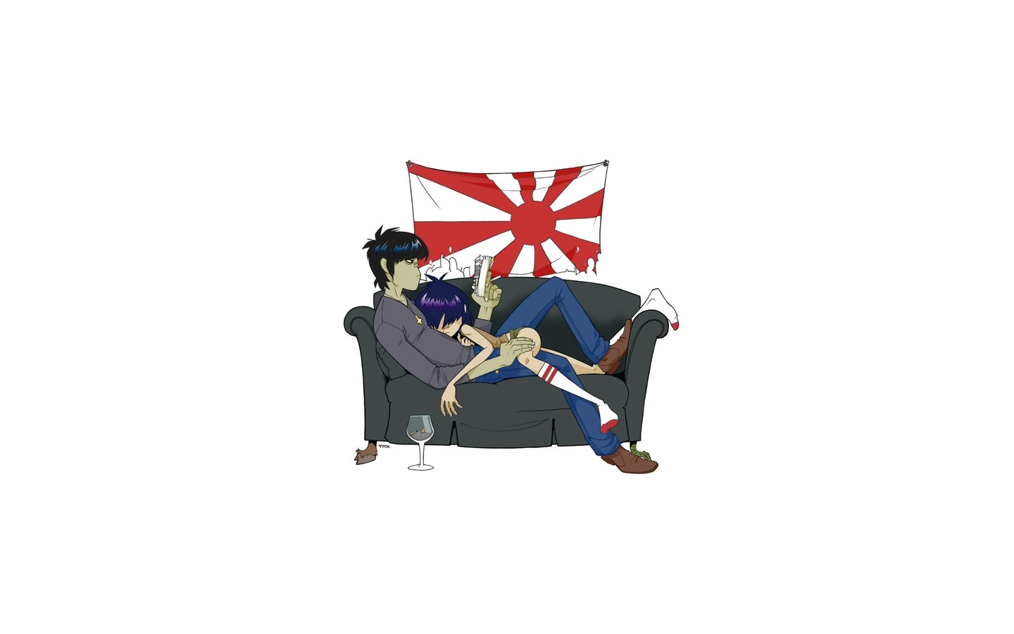 Noodle and Murdoc from Gorillaz on a couch HD Wallpaper