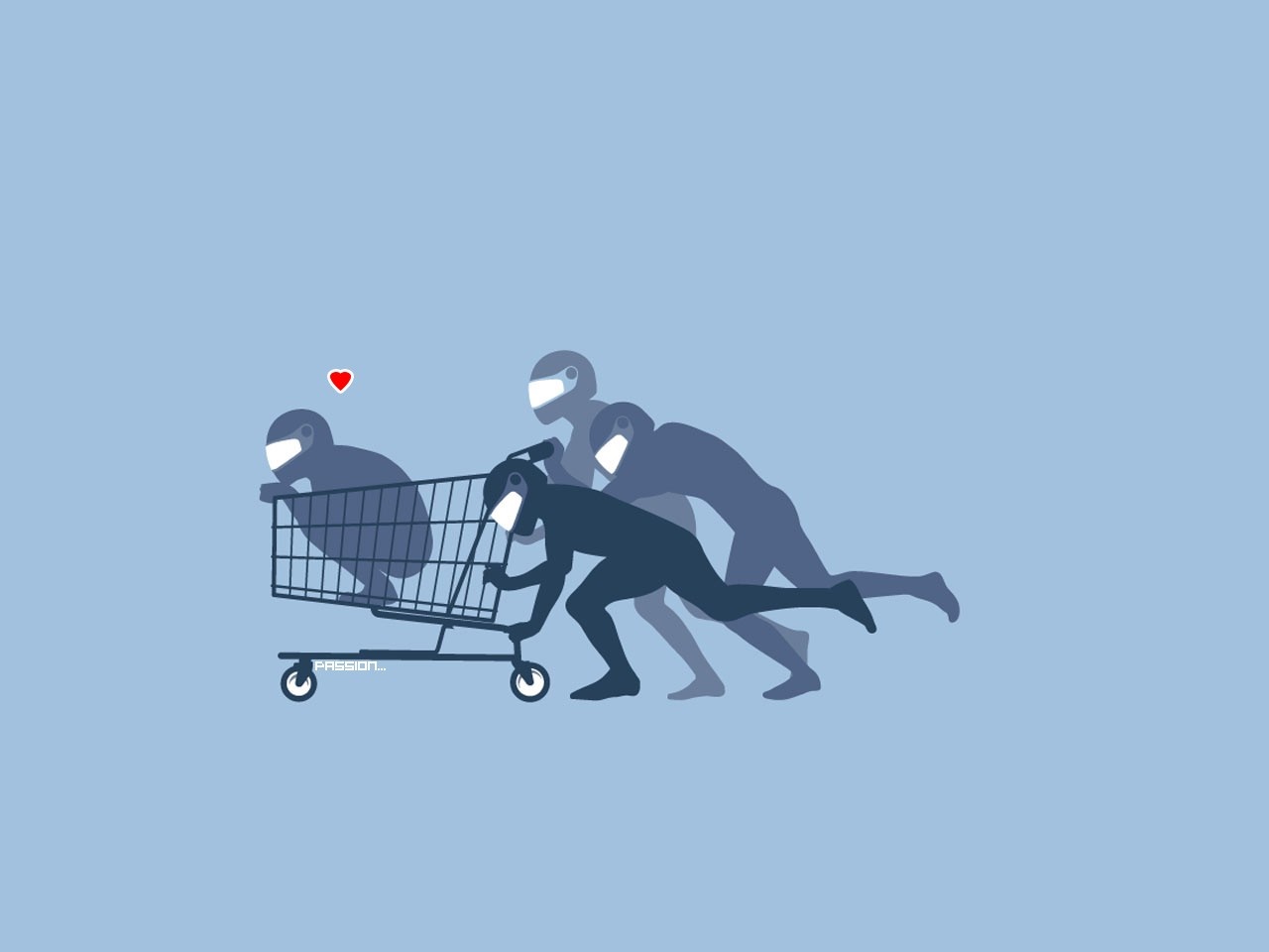 Silhouettes of people in helmets pushing a shopping cart HD Wallpaper