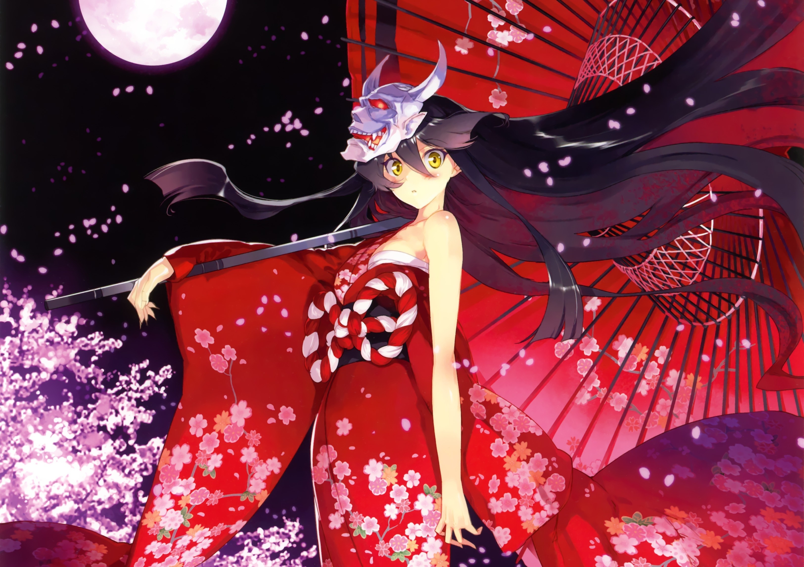 Anime girl in kimono with mask and umbrella HD Wallpaper