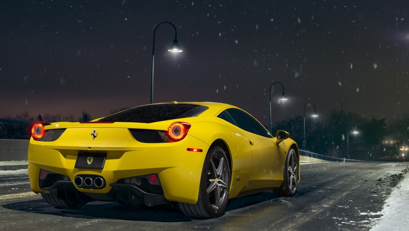 Yellow Ferrari 458 Italia in Snow at Night HD Wallpaper