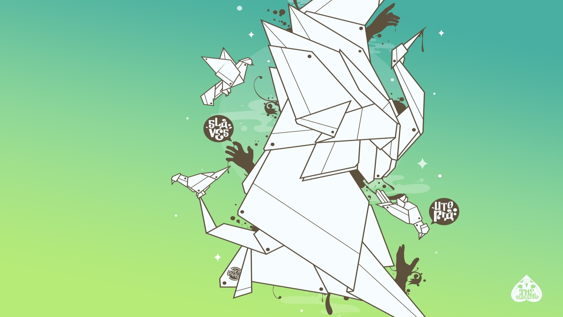 Abstract origami birds and hands on a gradient background HD Wallpaper