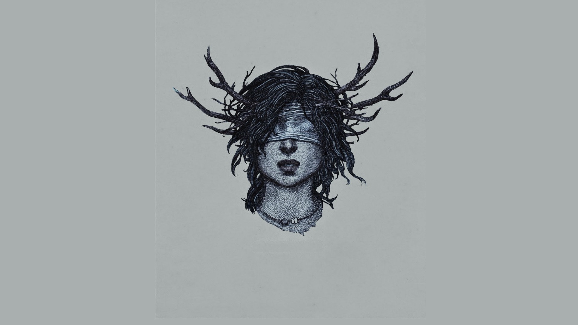 Illustration of a blindfolded woman with antlers HD Wallpaper