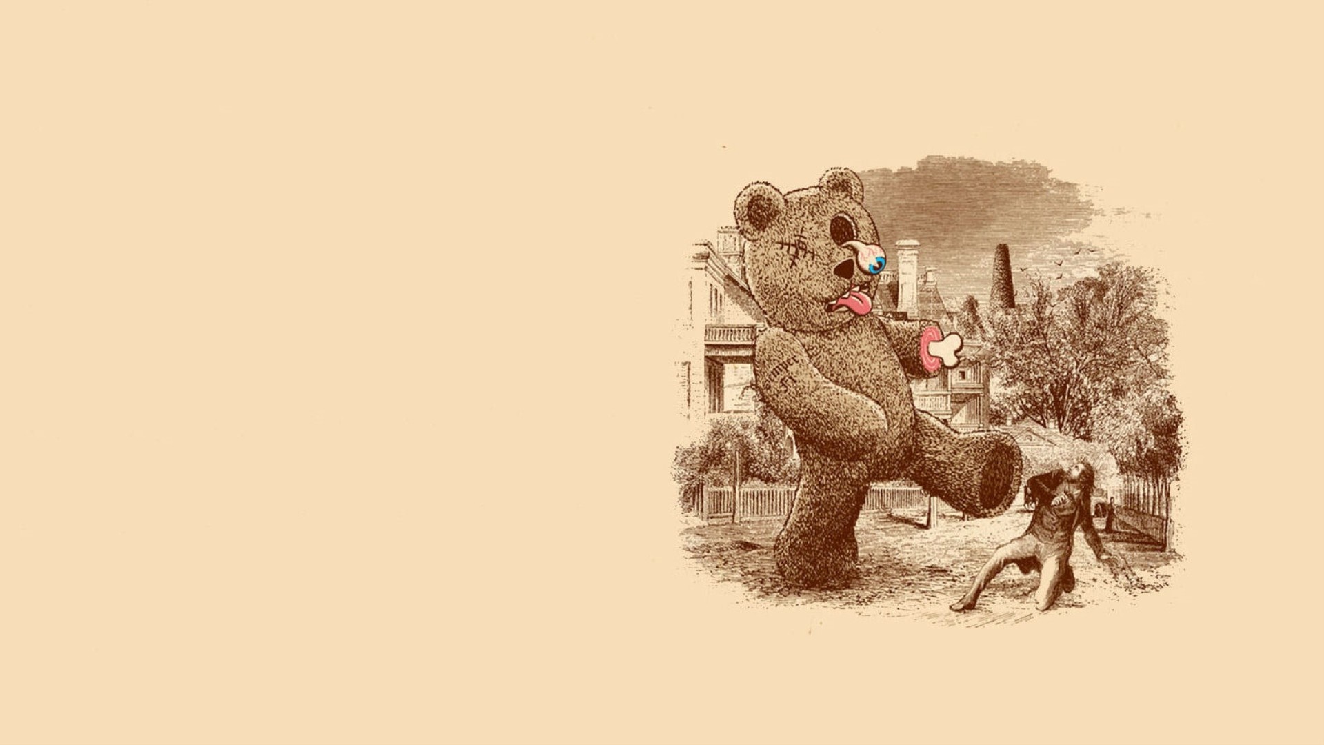 Giant teddy bear attacking a man HD Wallpaper