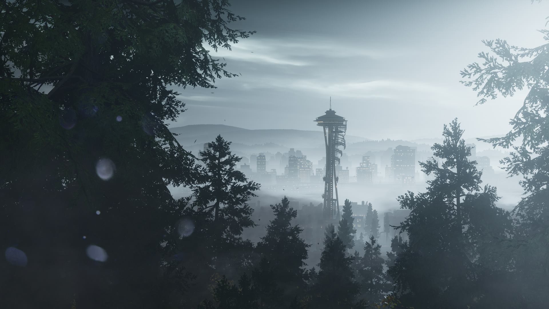 Seattle skyline with Space Needle through misty trees HD Wallpaper