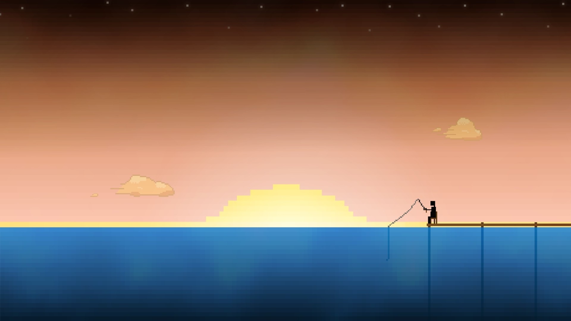 Pixel art fisherman at sunrise over the ocean HD Wallpaper