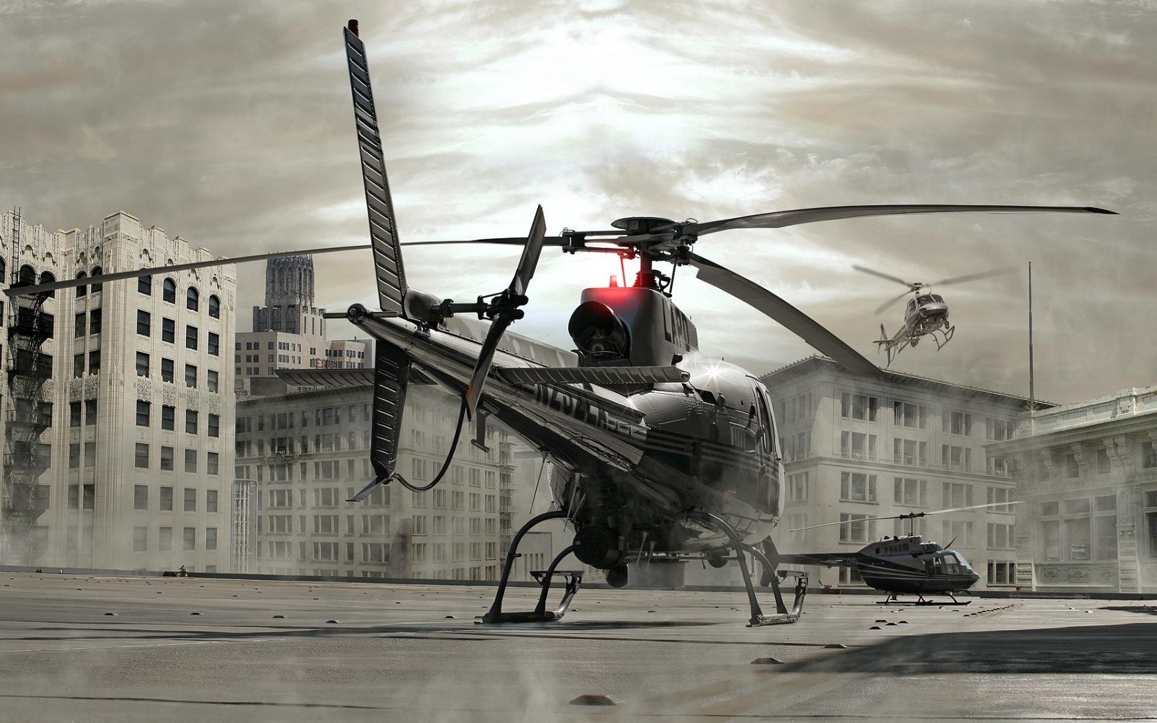 Helicopters in a city with a cloudy sky HD Wallpaper