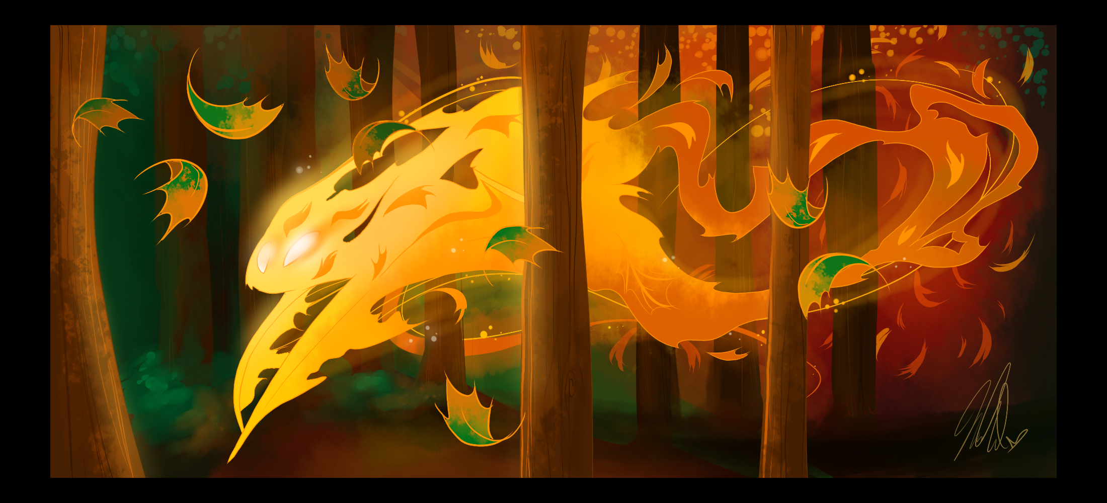 Fantasy creature made of fire in a forest HD Wallpaper